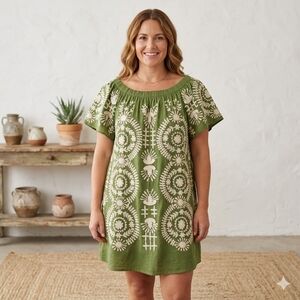 Anthropologie Uncle Frank Green Embroidered Boho Peasant Mini Cotton Dress Sz M